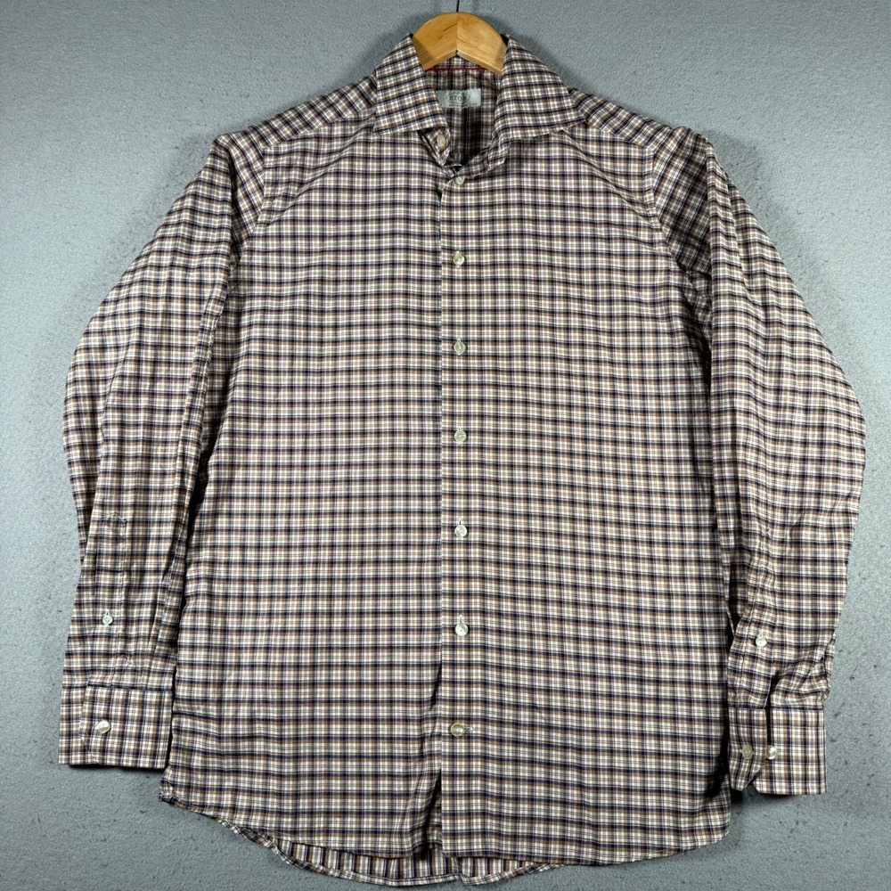 Eton Contemporary Fit Dress Shirt Mens 15.5 39 Brown Navy Plaid Check Cotton